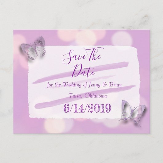 Lavender Butterfly Wedding Save the Date Postkarte (Vorderseite)