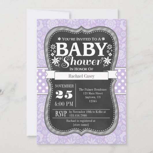 Lavender Chalkboard Floral Baby Dusche laden Einladung (Vorderseite)