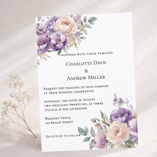 Lavender champagne cream floral wedding einladung