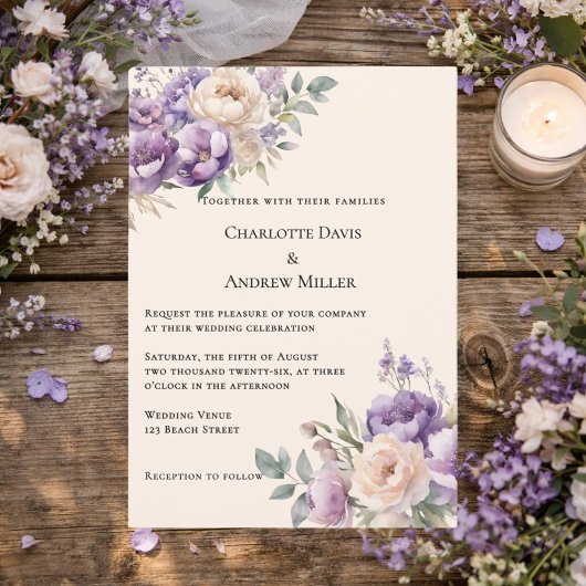 Lavender champagne cream floral wedding einladung