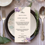 Lavender champagne cream floral wedding menükarte<br><div class="desc">Elegant Floral Dinner Menu for Birthday, Wedding or Special Events Create a beautiful and coordinated table setting with this elegant floral dinner menu. Featuring lavender and champagne, ivory tones with delicate watercolor flowers and greenery, this menu design perfectly matches the invitation suite for a refined and stylish celebration. Ideal for...</div>