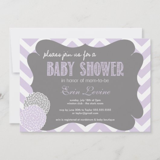 Lavender Chic Zickzack Baby Dusche Einladung (Vorderseite)