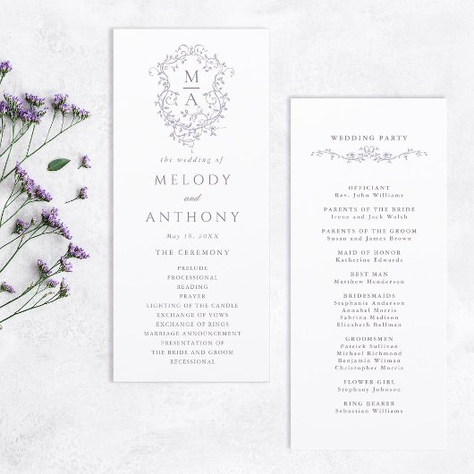 Lavender Classic Floral Crest Wedding Ceremony Programm