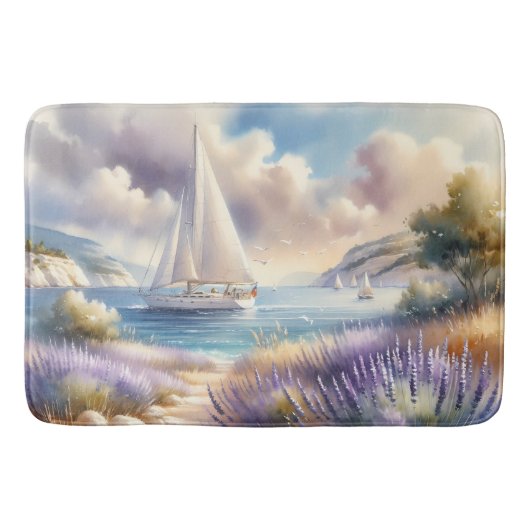 Lavender Coast Sailboat Wasserfarbe Szene Badematte (Vorderseite)