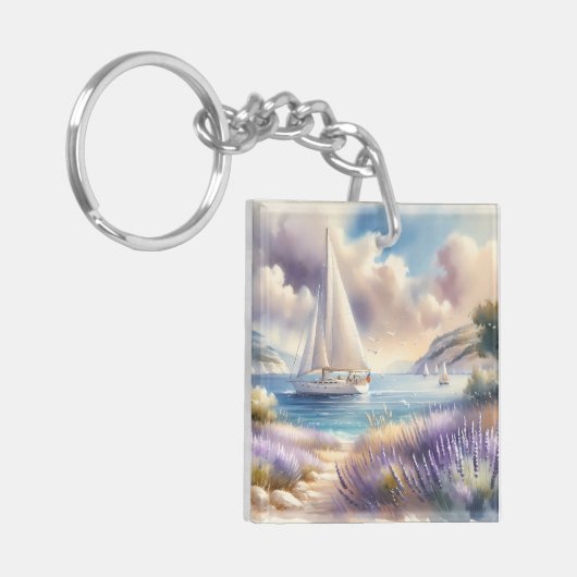 Lavender Coast Sailboat Wasserfarbe Szene Schlüsselanhänger (Vorderseite links)