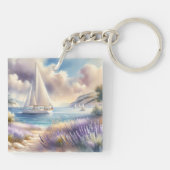 Lavender Coast Sailboat Wasserfarbe Szene Schlüsselanhänger (Rückseite)