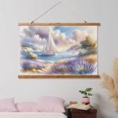 Lavender Coast Sailboat Wasserfarbe Szene Wandteppich Mit Holzrahmen (Schlafzimmer)