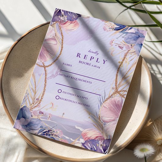 Lavender Coastal Seashell Rope Wedding RSVP Karte
