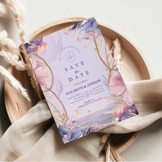 Lavender Coastal Seashell Rope Wedding Save The Date