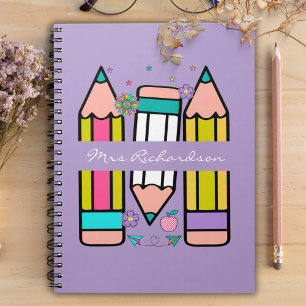 Lavender Colorful Lehrer Name Bleistift Cartoon Notizblock