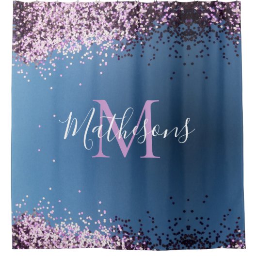 Lavender Confetti auf Blue Monogram Name Duschvorhang (Vorderseite)