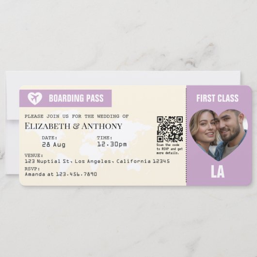 Lavender & Cream Boarding Pass Wedding Einladung (Vorderseite)