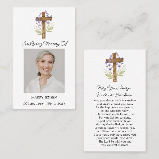 Lavender Cross Memorial Photo Funeral Prayer Card Visitenkarte (Vorne/Hinten)
