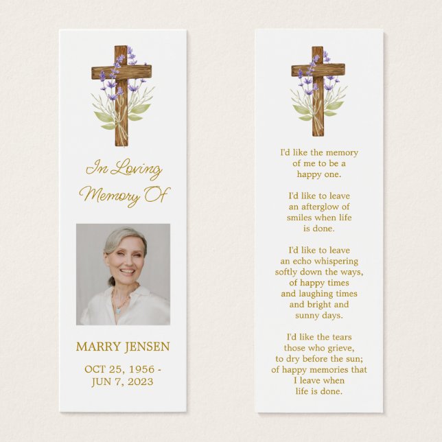 Lavender Cross Photo Funeral Bookmark (Vorne & Hinten)