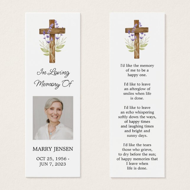 Lavender Cross Photo Funeral Bookmark (Vorne & Hinten)
