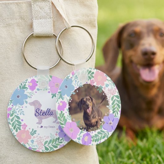 Lavender Dachshund Custom Photo & Name - Floral  Schlüsselanhänger