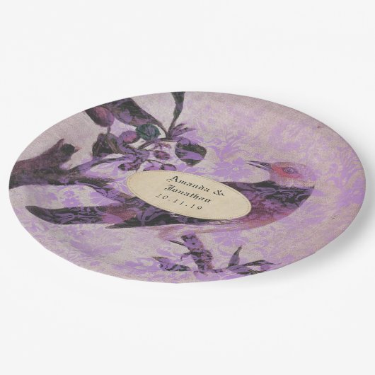Lavender Damask Bird Wedding Pappteller (Schrägansicht)