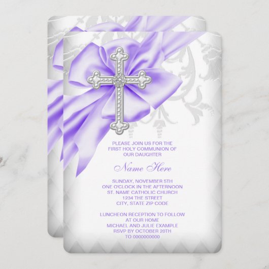 Lavender Damask Cross First Communation Einladung (Vorne/Hinten)