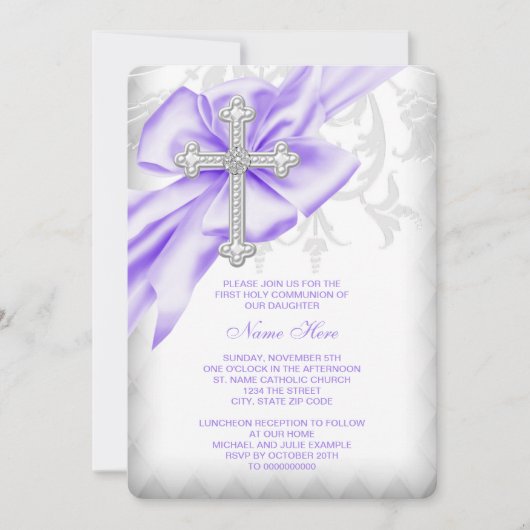 Lavender Damask Cross First Communation Einladung (Vorderseite)