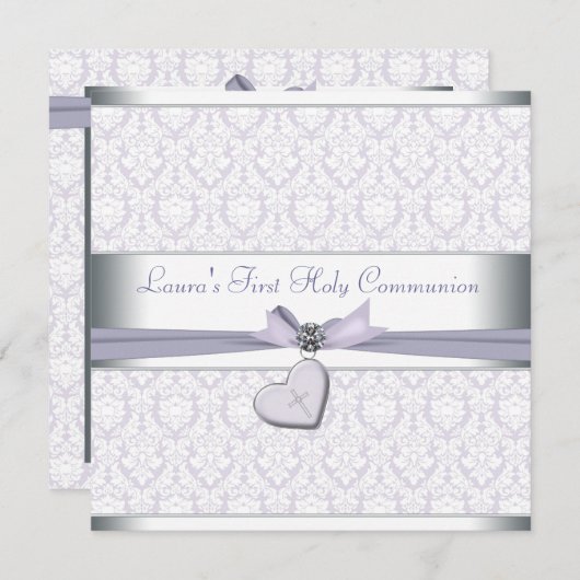 Lavender Damask Cross Girls Lila erste Kommune Einladung (Vorne/Hinten)