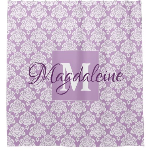 Lavender Damask Mit Monogramm Duschvorhang mit Nam (Vorderseite)
