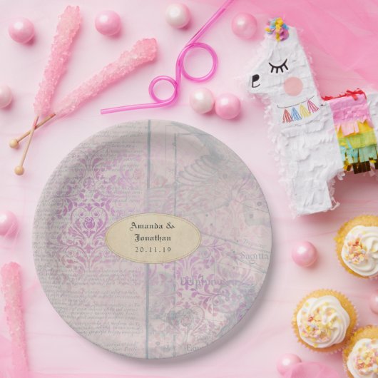 Lavender Decoupage Damask Wedding Pappteller (Party)