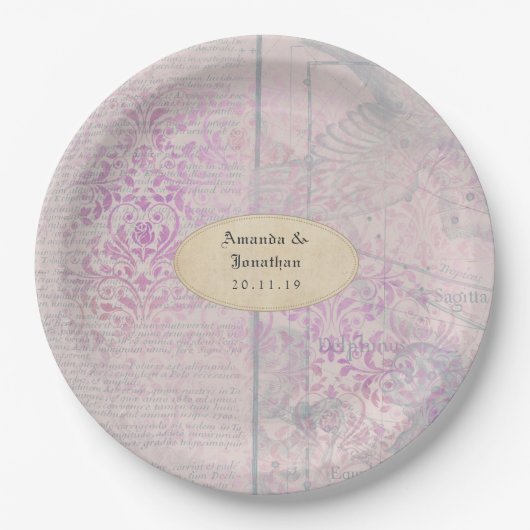 Lavender Decoupage Damask Wedding Pappteller (Vorderseite)