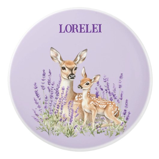 Lavender Deer Mother Fawn Spring Door Keramikknauf (Vorderseite)