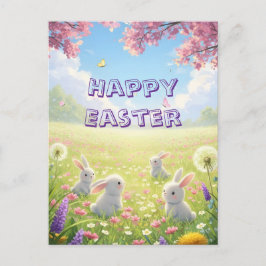 Lavender Easter Cute White Bunny Floral Spring  Feiertagspostkarte