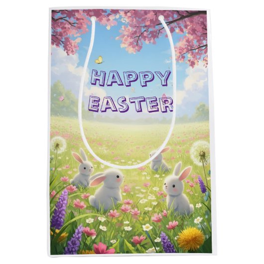Lavender Easter Cute White Bunny Floral Spring  Mittlere Geschenktüte (Vorderseite)