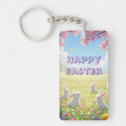 Lavender Easter Cute White Bunny Floral Spring  Schlüsselanhänger (Vorderseite)