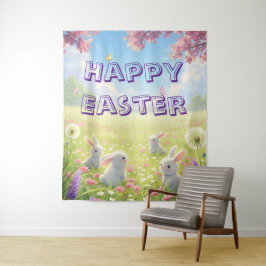Lavender Easter Cute White Bunny Floral Spring  Wandteppich