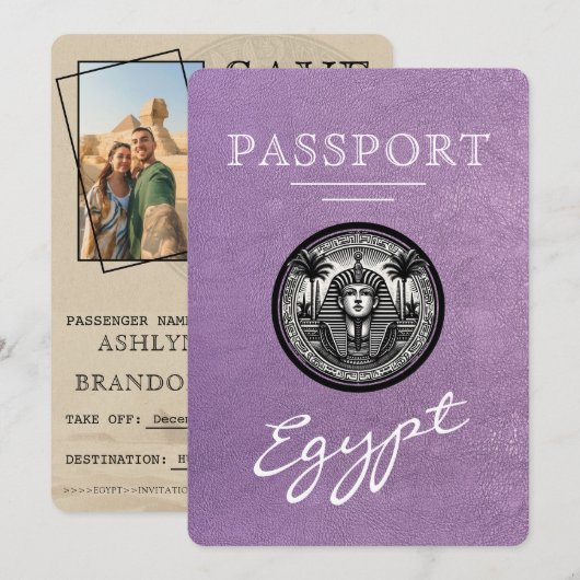 Lavender Egypt Passport Wedding Save the Date (Vorne/Hinten)