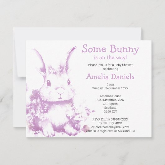 Lavender Einige Bunny kommt Baby Dusche Einladung (Vorderseite)
