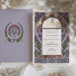 Lavender Elegance Islamische Gold- und Blumenakzen Folieneinladung<br><div class="desc">Diese exquisite Hochzeitseinladung zeichne Inspiration aus dem reichen Erbe der islamischen Kunst, durchdrungen von einer zeitgenössischen Drehung. Die Vorderseite zeigt eine raffinierte Lavendelkulisse, belebt durch eine Sinfonie aus Lila, Rosa und smaragdgrünen Blumenmotiven, die in einen opulenten goldenen Folienbogen eingebettet sind. Das Kernstück, ein zarter Baum mit Korallenbeeren, symbolisiert Wachstum und...</div>