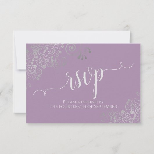 Lavender Elegant Calligraphy Frilly Wedding RSVP Karte (Vorderseite)