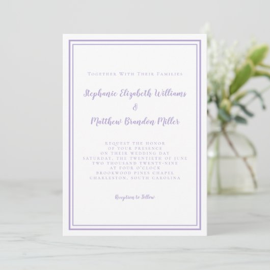 Lavender Elegant Classic Minimalist Wedding Script Einladung (Stehend Vorderseite)
