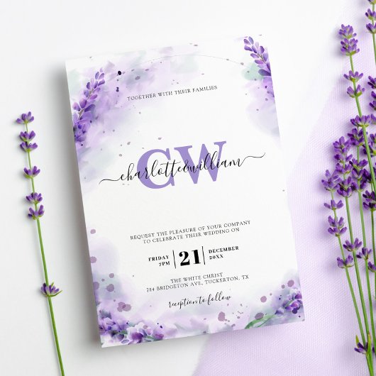 Lavender Elegant Watercolor Monogram Wedding Einladung