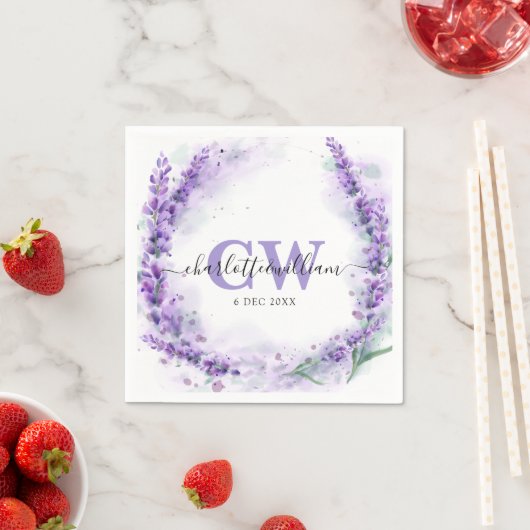 Lavender Elegant Watercolor Monogram Wedding Serviette (Beispiel)