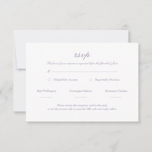 Lavender Elegante Script Wedding RSVP mit QR Code Karte (Vorderseite)