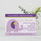 Lavender Elephant Baby Dusche Einladung (Stehend Vorderseite)
