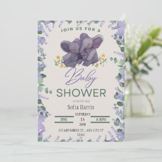 Lavender Elephant Baby Dusche Einladung