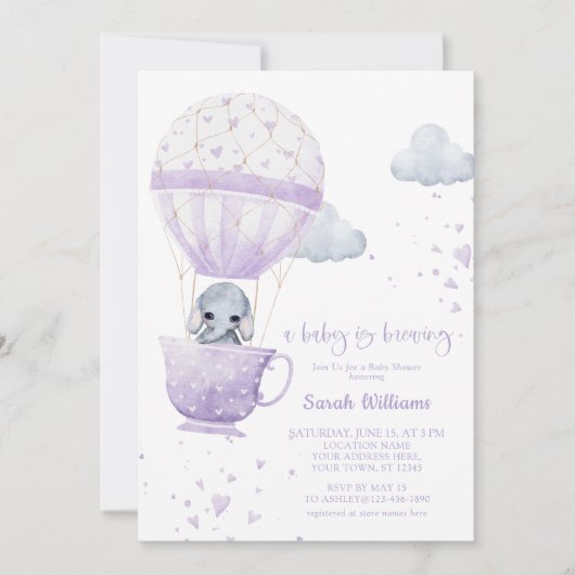 Lavender Elephant Baby wird Baby-Dusche Einladung (Vorderseite)