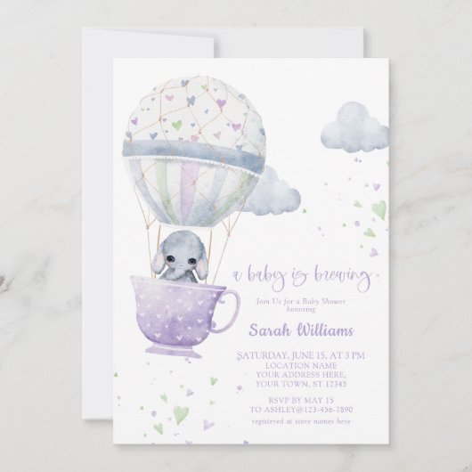 Lavender Elephant Baby wird Baby-Dusche Einladung (Vorderseite)