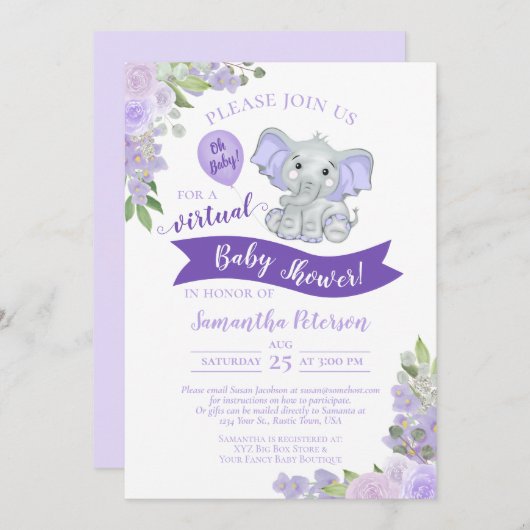 Lavender Elephant & Floral Virtual Baby Dusche Einladung (Vorne/Hinten)