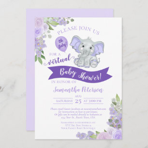 Lavender Elephant & Floral Virtual Baby Dusche Einladung