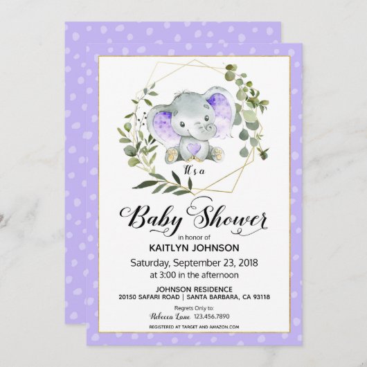 Lavender Elephant Moderne Babydusche Einladung (Vorne/Hinten)