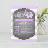 Lavender Elephant Stripe Twin Girls Baby Shower Einladung (Stehend Vorderseite)
