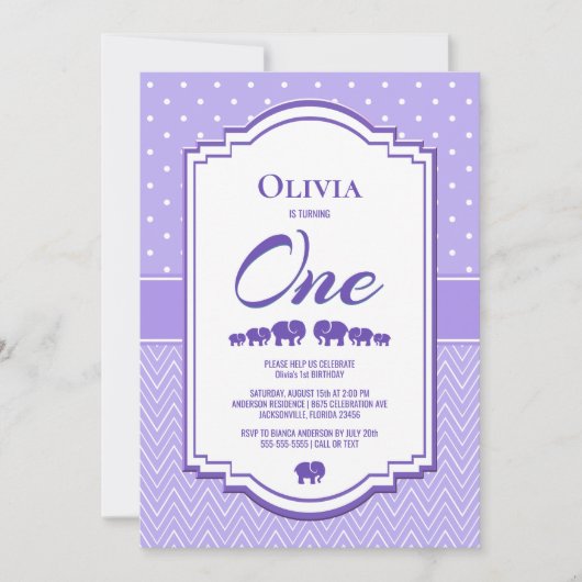 Lavender Elephants 1. Geburtstag Party Einladung (Vorderseite)