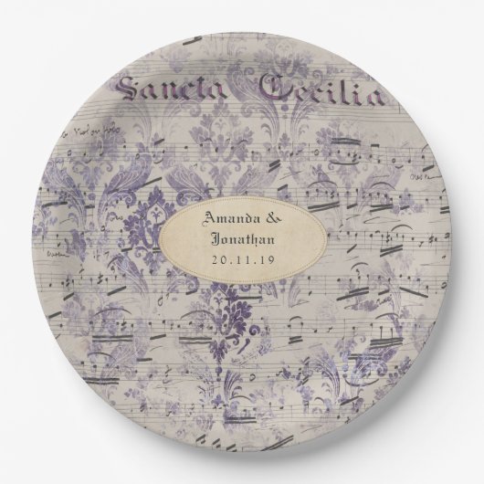 Lavender Ephemera Musiknotens Wedding Pappteller (Vorderseite)